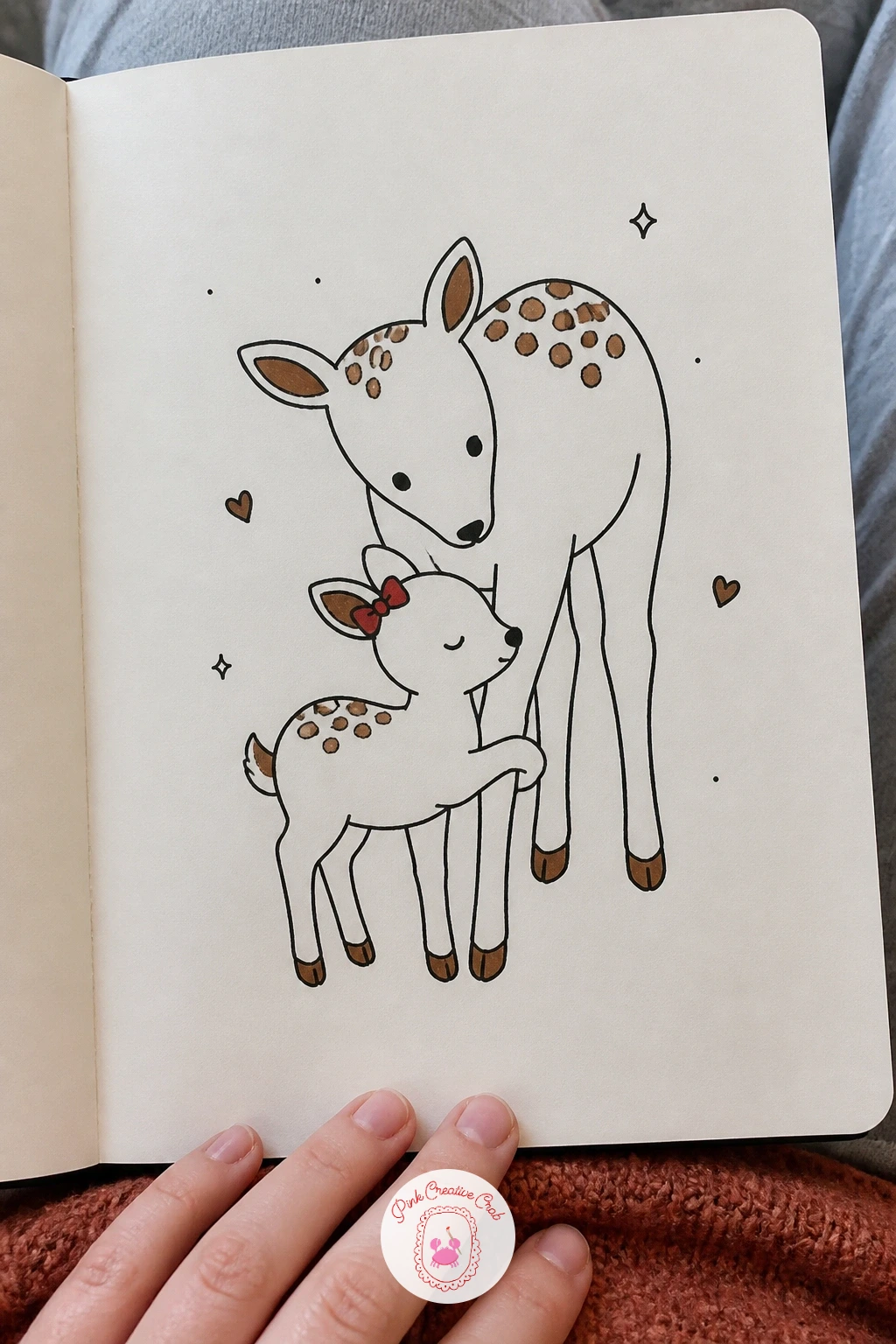 Fawn Hugging Its Mother's Leg — Draw a small fawn pressed against one of its mother's front legs, head tucked in close, in a simple standing pose. Deer doodle