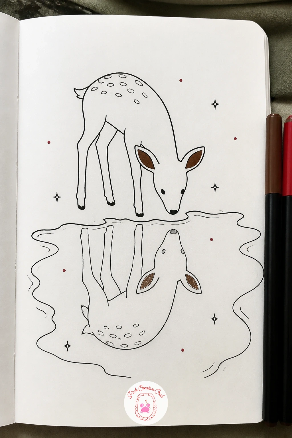 Deer Looking At Its Reflection — Draw a deer standing at the edge of a frozen pond, head lowered, looking at its own reflection in the ice below. Deer doodle