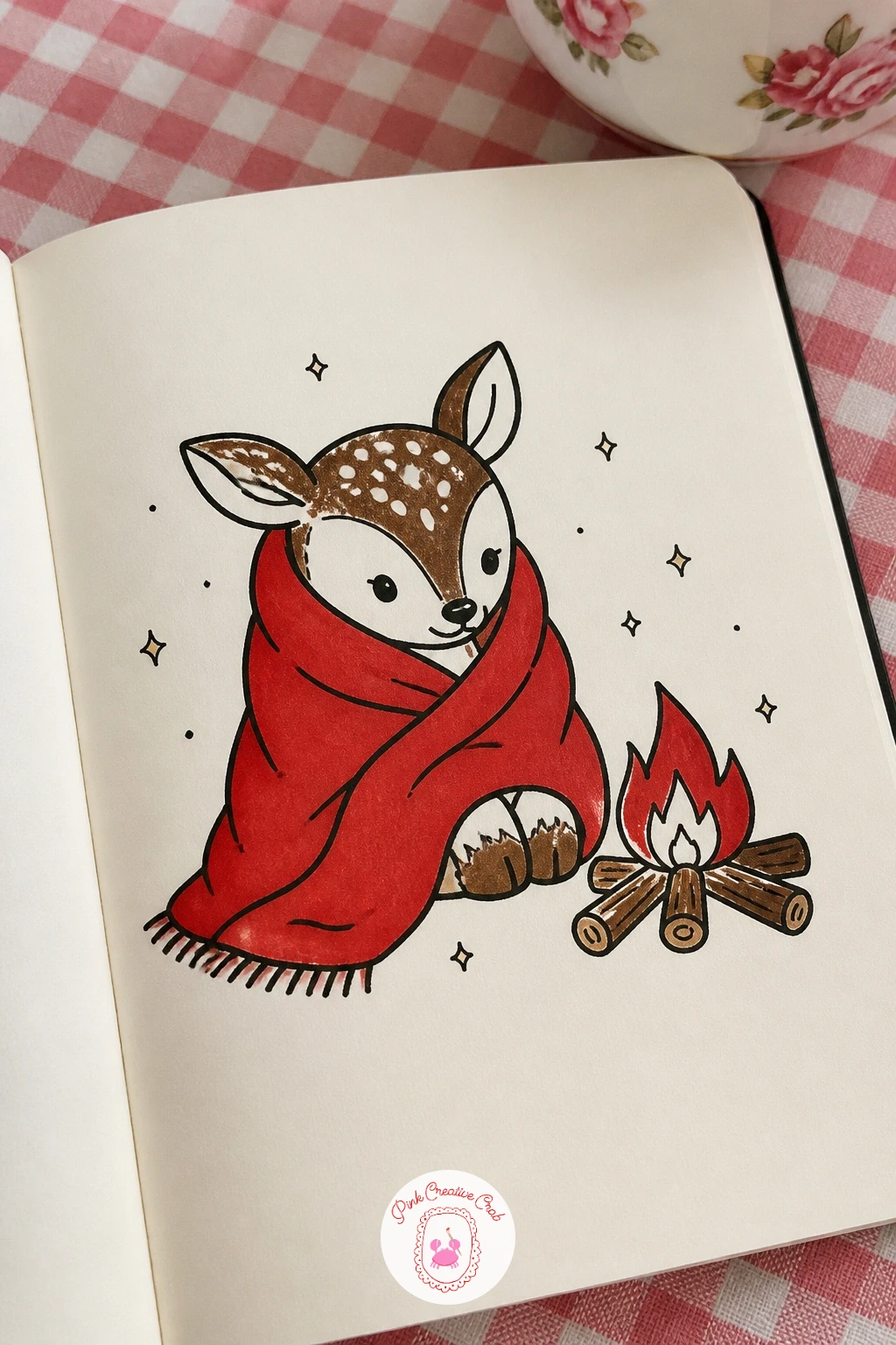 Fawn Wrapped By A Campfire — Draw a fawn sitting close beside a small campfire, a blanket draped over its back and shoulders. Deer doodle