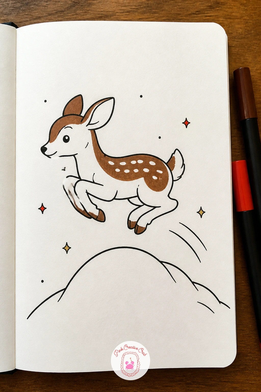 Fawn Jumping A Snowdrift — Draw a fawn mid leap over a rounded snowdrift, all four legs tucked up beneath its body. Deer doodle