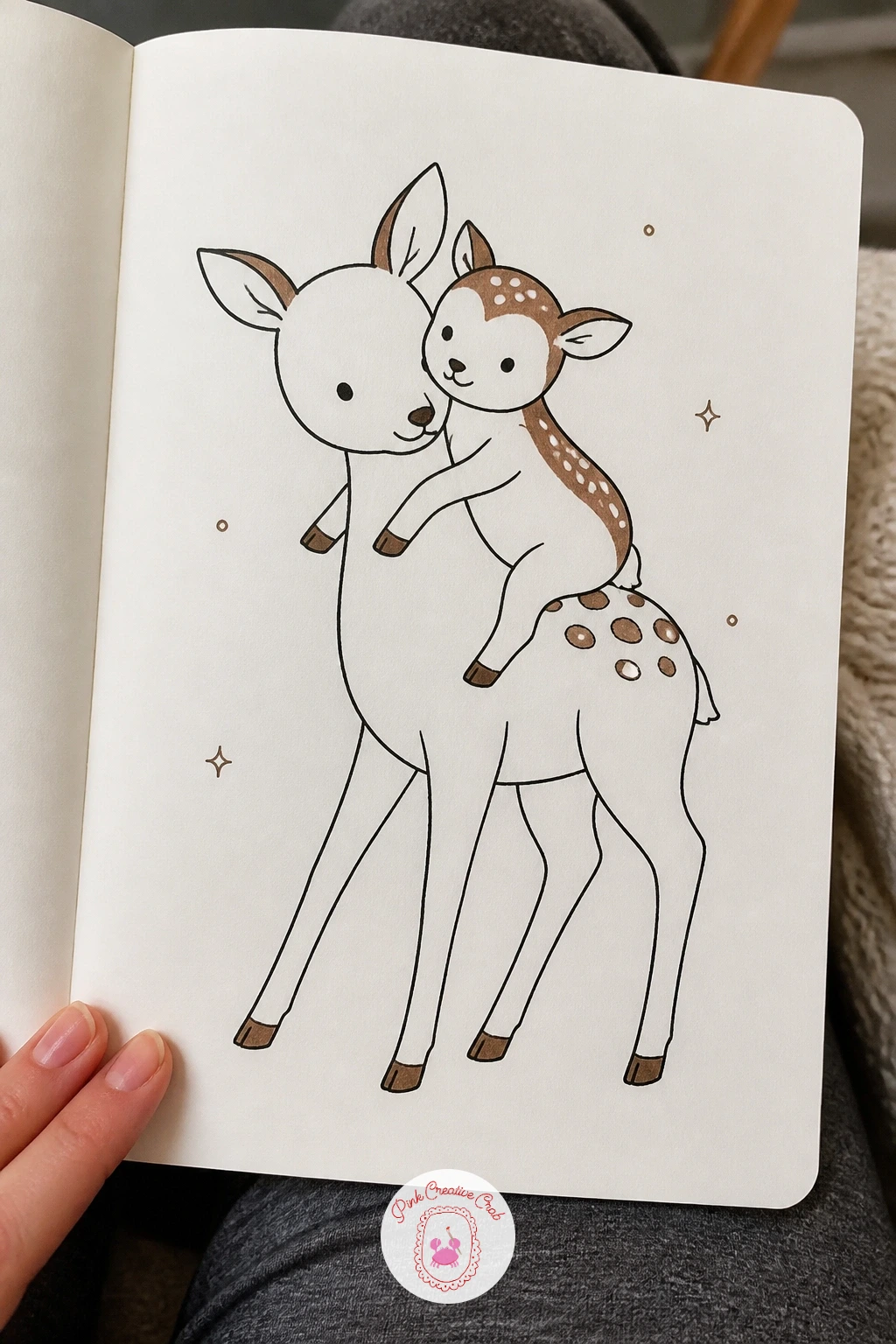 Deer Giving A Fawn A Piggyback — Draw an adult deer carrying a small fawn on its back, the fawn's front legs wrapped loosely around the larger deer's neck.
