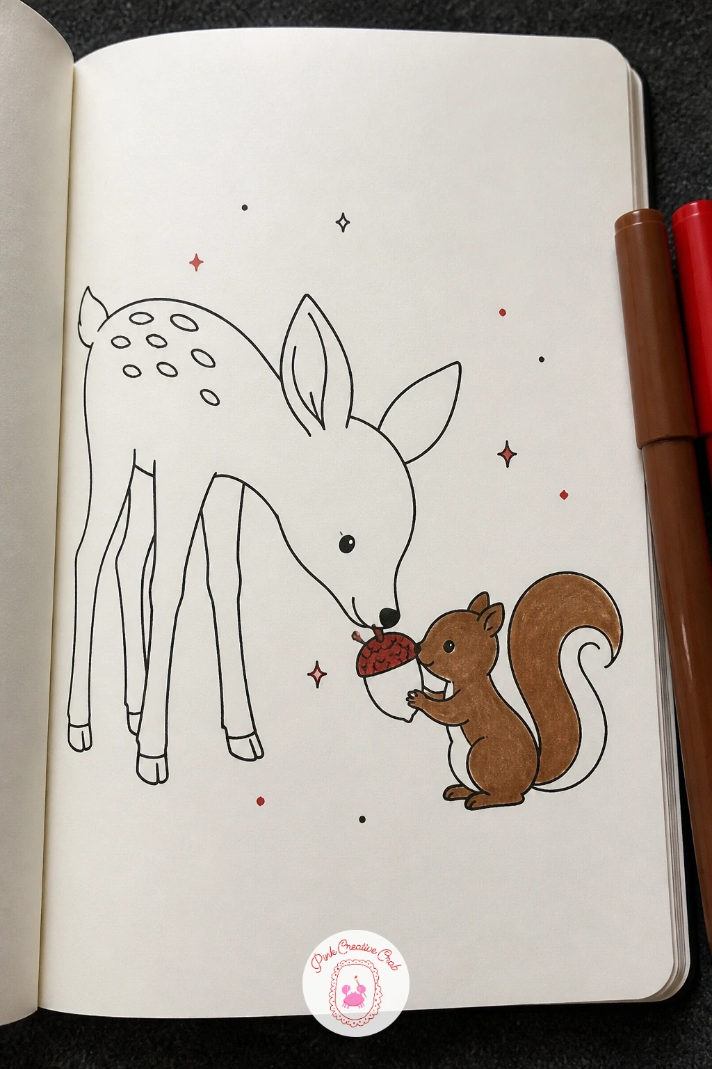 Deer And Squirrel Sharing An Acorn — Draw a deer lowering its head toward a small squirrel, both of them holding opposite ends of one acorn between them. Deer