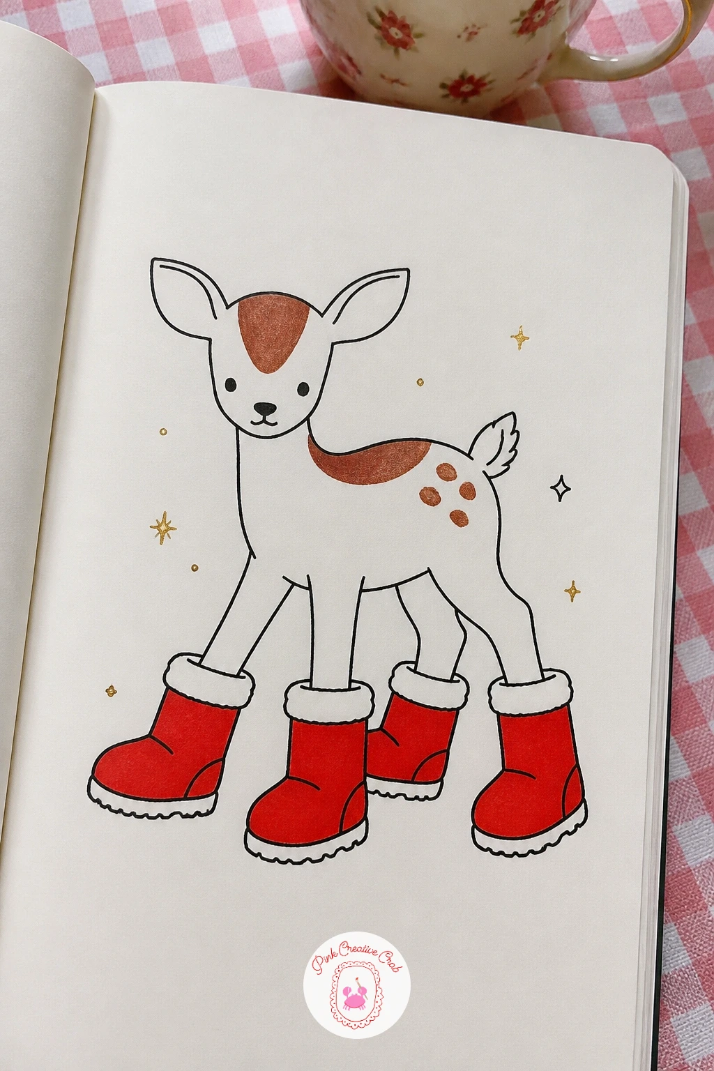 Fawn In Big Snow Boots — Draw a fawn standing awkwardly in a pair of oversized snow boots, legs spread slightly wider than usual for balance. Deer doodle
