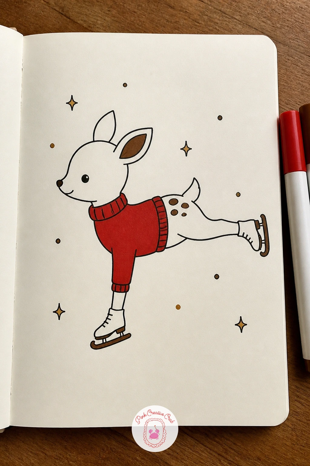 Fawn Ice Skating In A Red Sweater — Close the set with a fawn mid glide on ice skates, wearing a snug cherry red sweater and one leg lifted behind for balance.