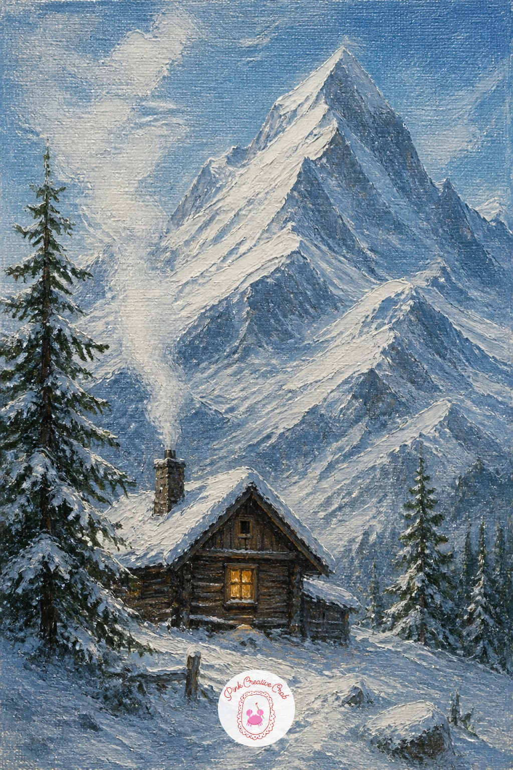 Alpine Hut With Smoking Chimney — Start with the hut, not the mountain, since everything else in this painting takes its scale from that one small roofline.