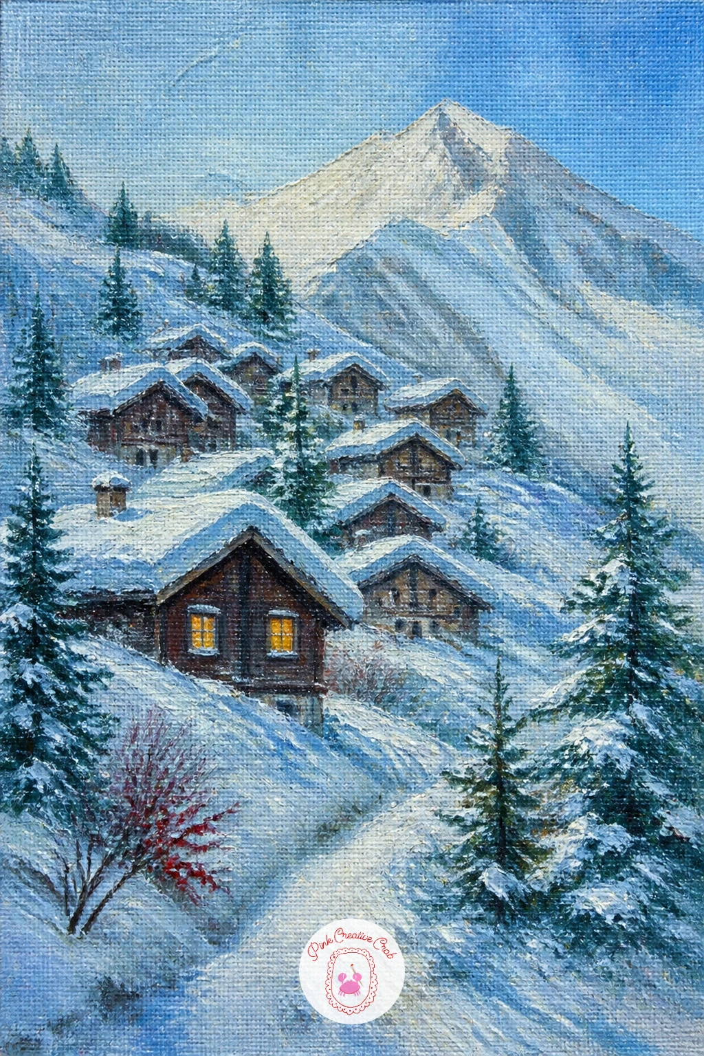 Mountain Village of Chalets — A village gives you a chance to build a whole little world in one canvas, so work from back to front: snowy peak first, then the