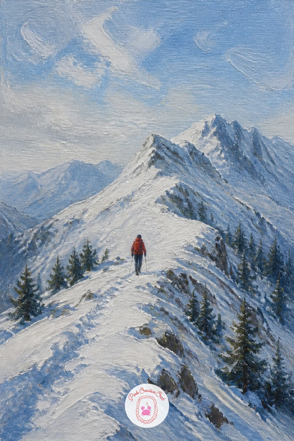 Hiker in a Cherry Red Jacket — Here the human figure is the whole point, so place the hiker before anything else so the ridge and sky can be built around that