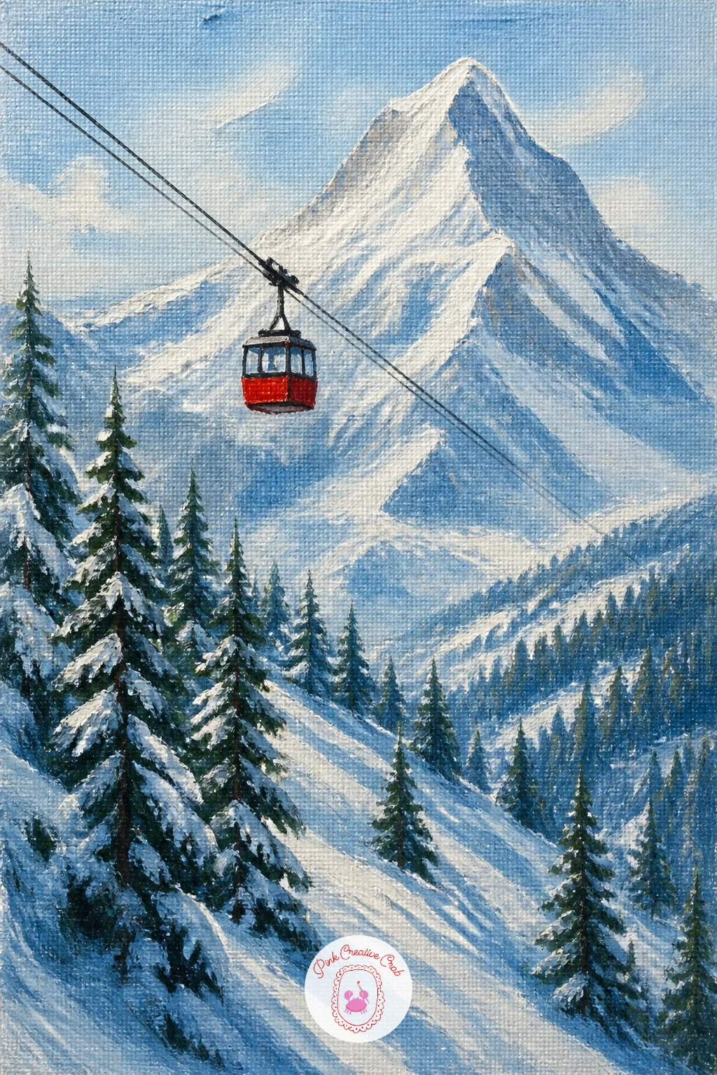 Cable Car Over Snowy Pines — Cable cars are a fun bit of mechanical drama in a mostly soft, natural scene, so paint the pines and summit first and save the