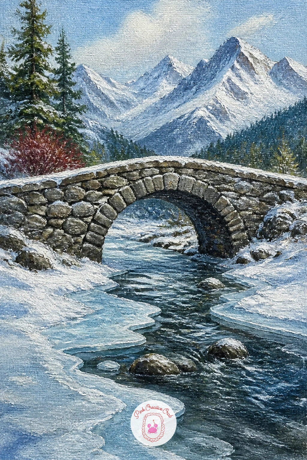 Stone Bridge Over a Frozen Stream — A stone bridge gives this scene a strong, simple anchor shape, so paint its arch early using a small flat brush and a mix