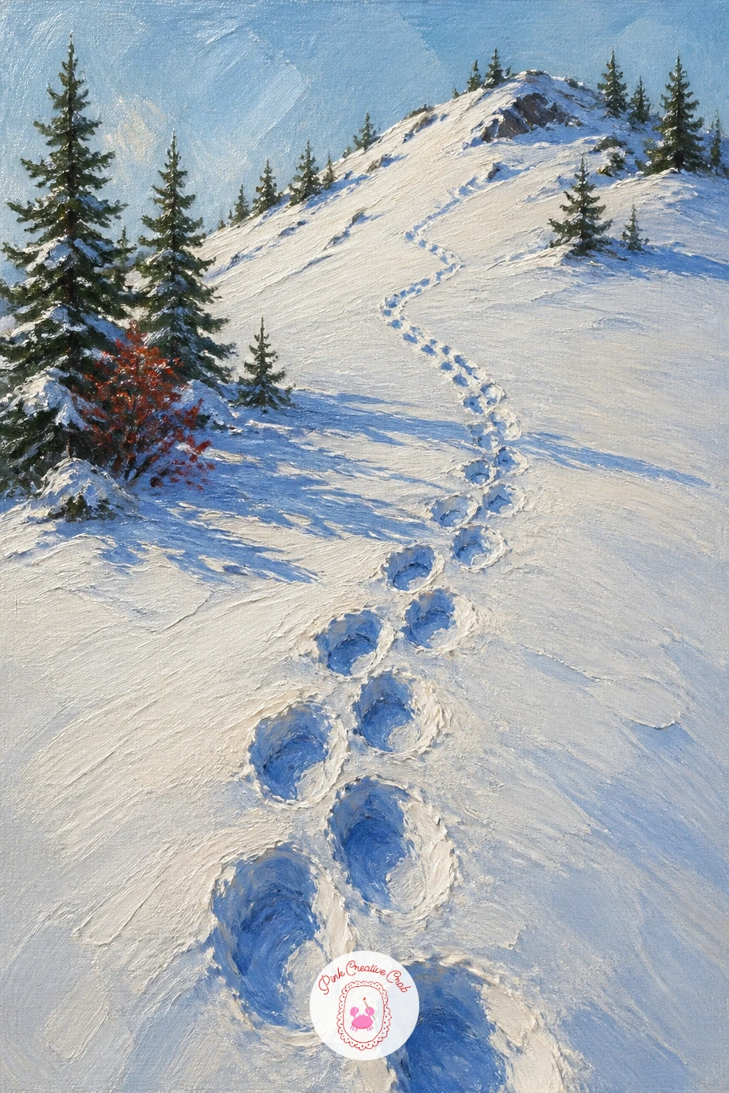 Snowshoe Tracks Up a Sunny Slope — This one is almost entirely about light, since the whole story is a sunlit slope with a trail of footprints winding up it.