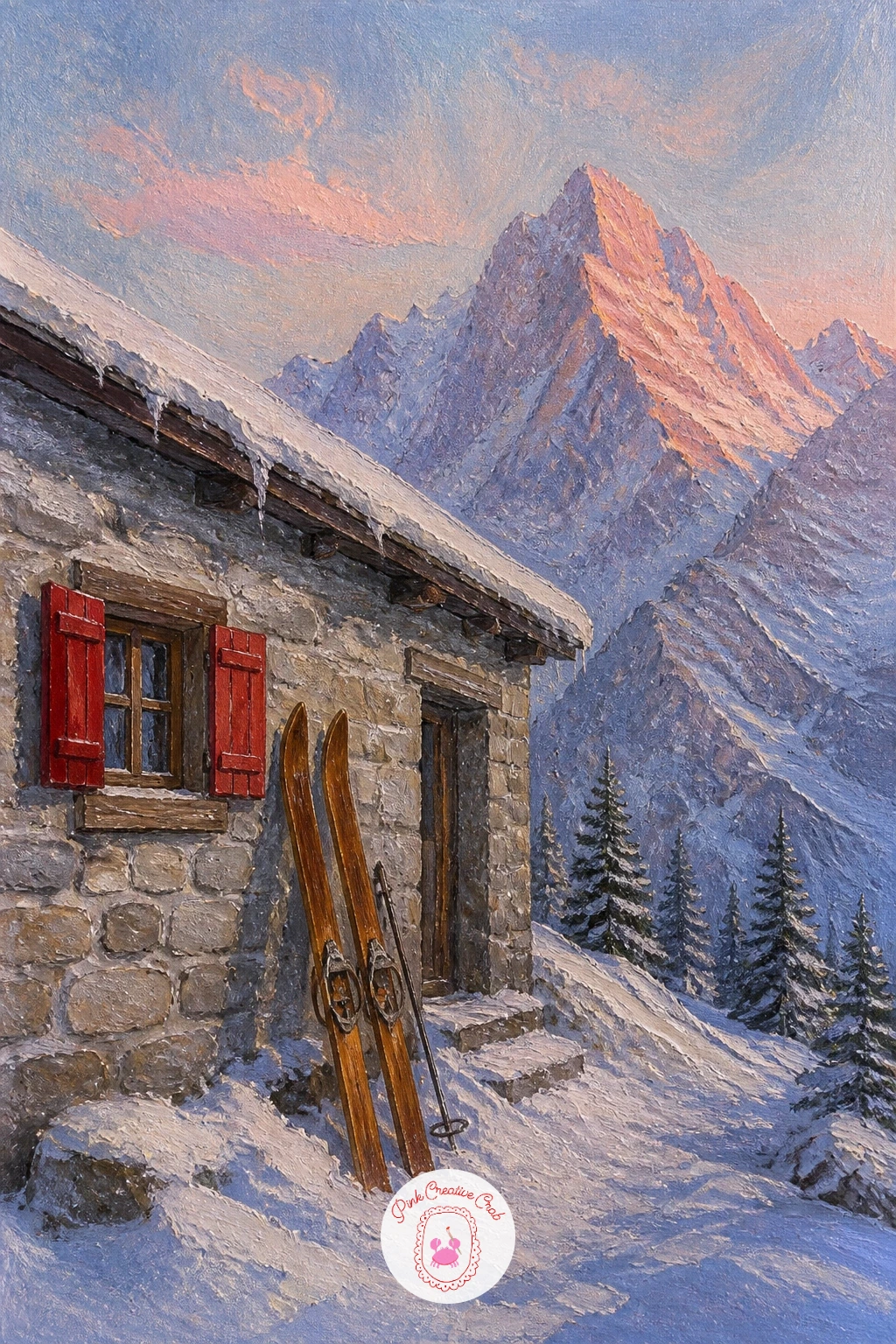 Mountain Refuge With Skis at Sunrise — Sunrise gives you warm light meeting cold snow, which is one of the nicest color contrasts in mountain painting