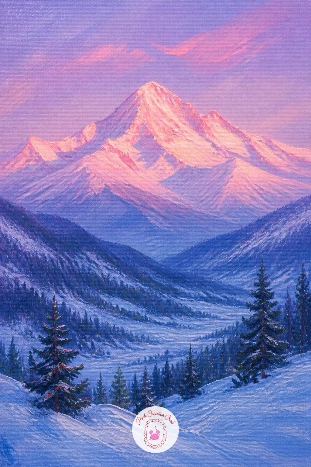 Pink Alpenglow Over a Sleeping Valley — Alpenglow is one of the most satisfying effects to paint because it needs so little fuss: a cool mountain lit warm pink