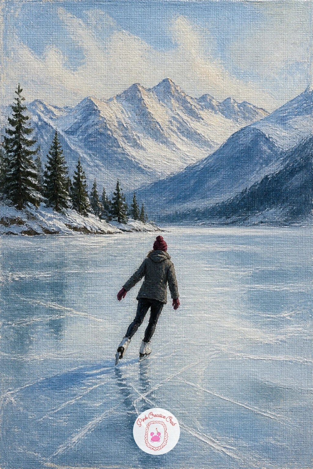 Frozen Lake With a Lone Skater — A skater on ice gives you a single small moving shape against a vast still one, which is a satisfying contrast to paint.