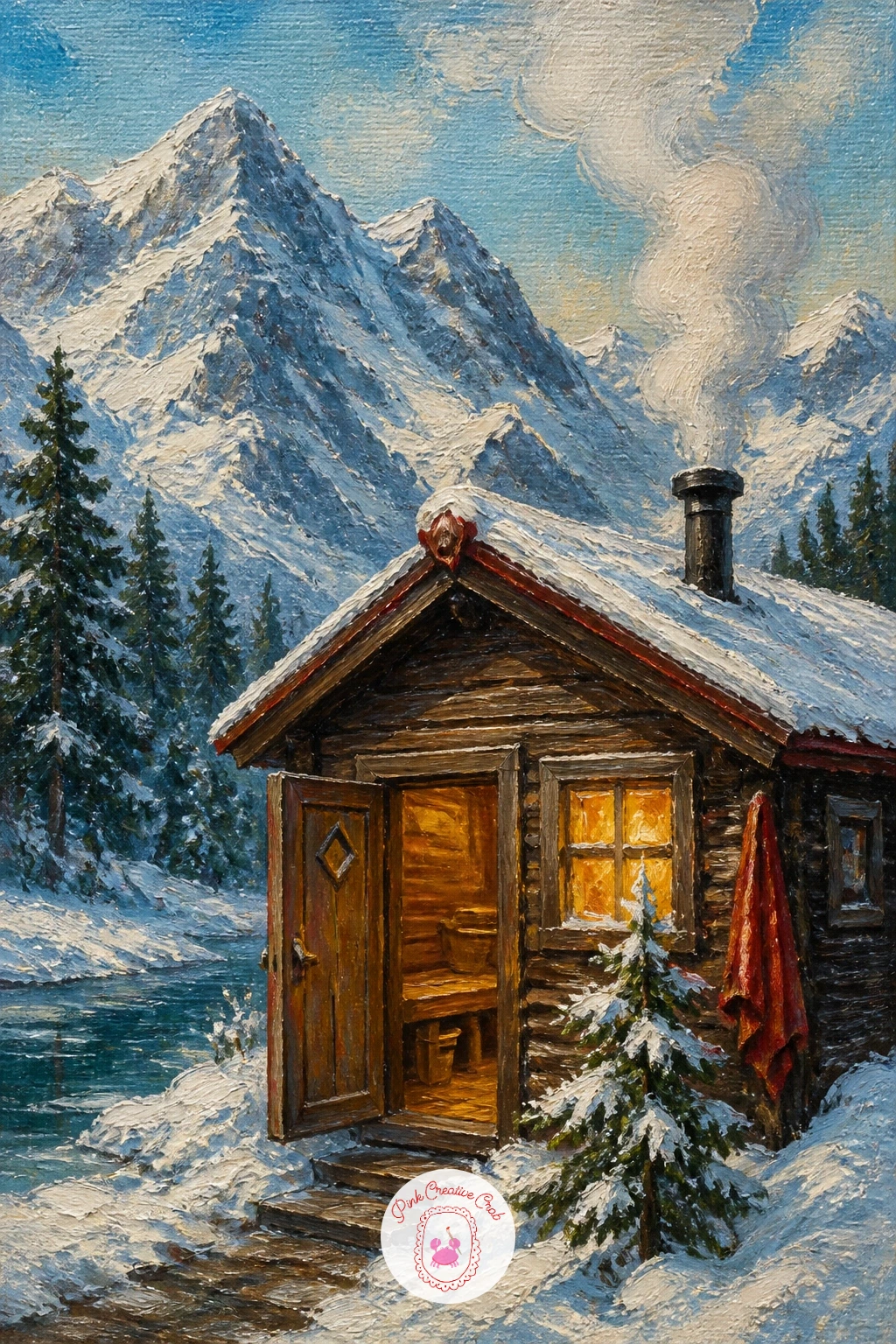 Mountain Cabin Sauna With Rising Steam — Steam against cold air is a lovely texture to paint loosely, so save it for last and keep everything else in this
