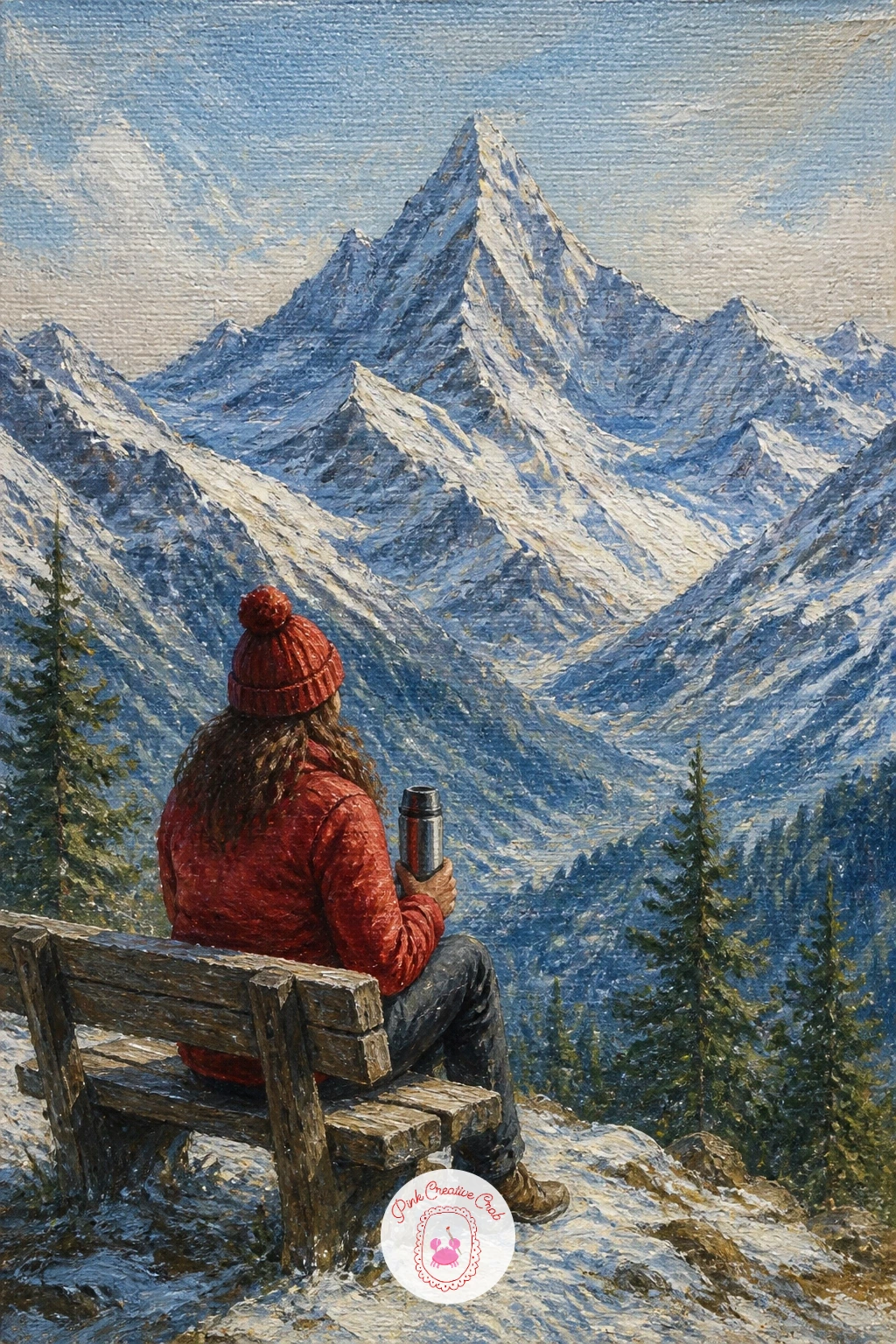 Woman With a Thermos on a Bench — Here the small human detail becomes the actual subject rather than an accent, so start with the bench and figure first and