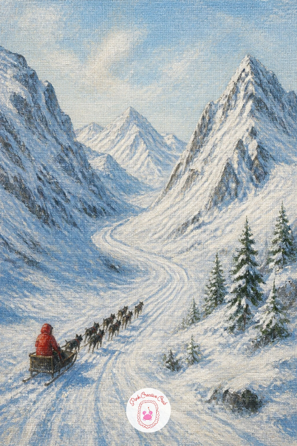 Dog Sled Trail Through a High Pass — Movement is the whole story here, so build the composition around a diagonal line cutting through the canvas rather than a