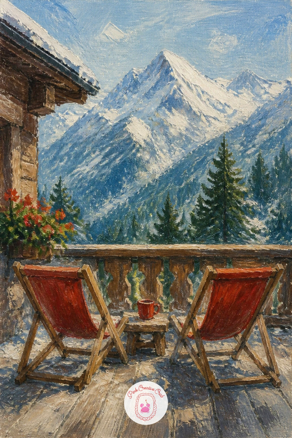 Hut Terrace With Deck Chairs — Deck chairs facing a view are a small, cheerful detail that instantly gives this scene a sense of leisure rather than struggle.