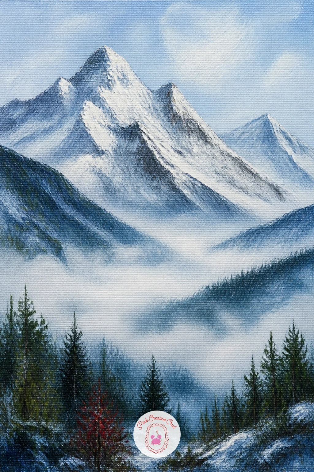 Snowy Peaks Above a Misty Valley — Mist gives you a chance to paint almost nothing in the lower half of the canvas and have it still read as a full scene