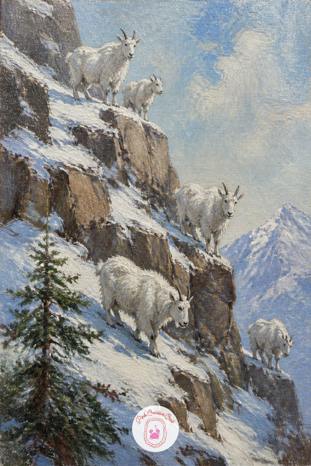 Herd of Mountain Goats on a Cliff — A herd gives you repetition to play with, which is a nice change after painting lone animals, so build the cliff face first