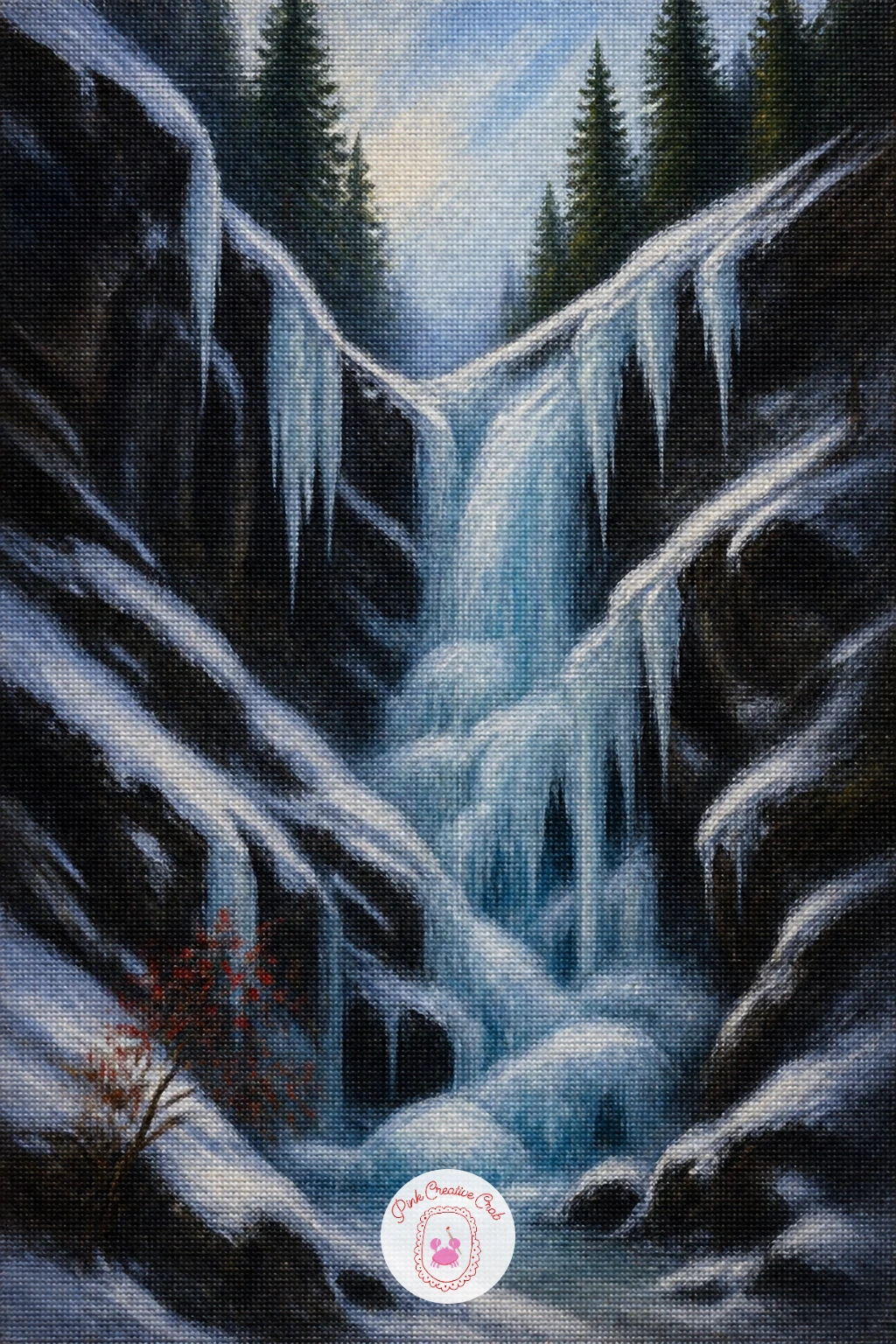 Frozen Waterfall in a Dark Gorge — The contrast between dark wet rock and pale frozen water is what makes this one striking, so build the rock gorge first in