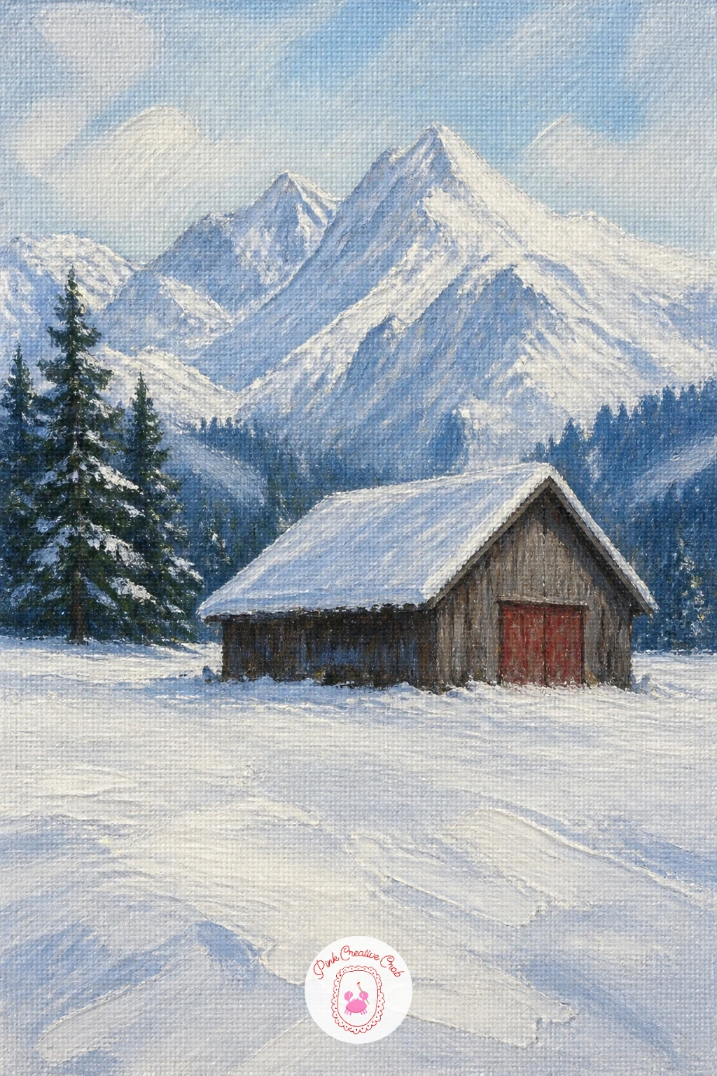 Alpine Meadow With a Hay Barn — A hay barn under fresh snow is a quiet, simple subject that rewards a soft touch more than bold contrast. Mountain painting