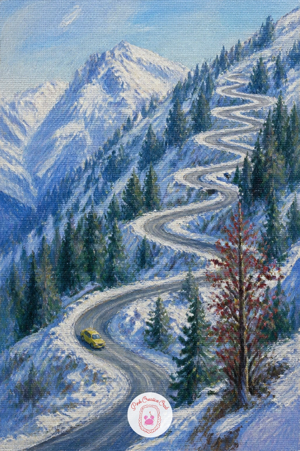 Mountain Road of Switchbacks — Switchbacks are a fun shape to paint because the road itself becomes the main subject, winding back and forth up the canvas like
