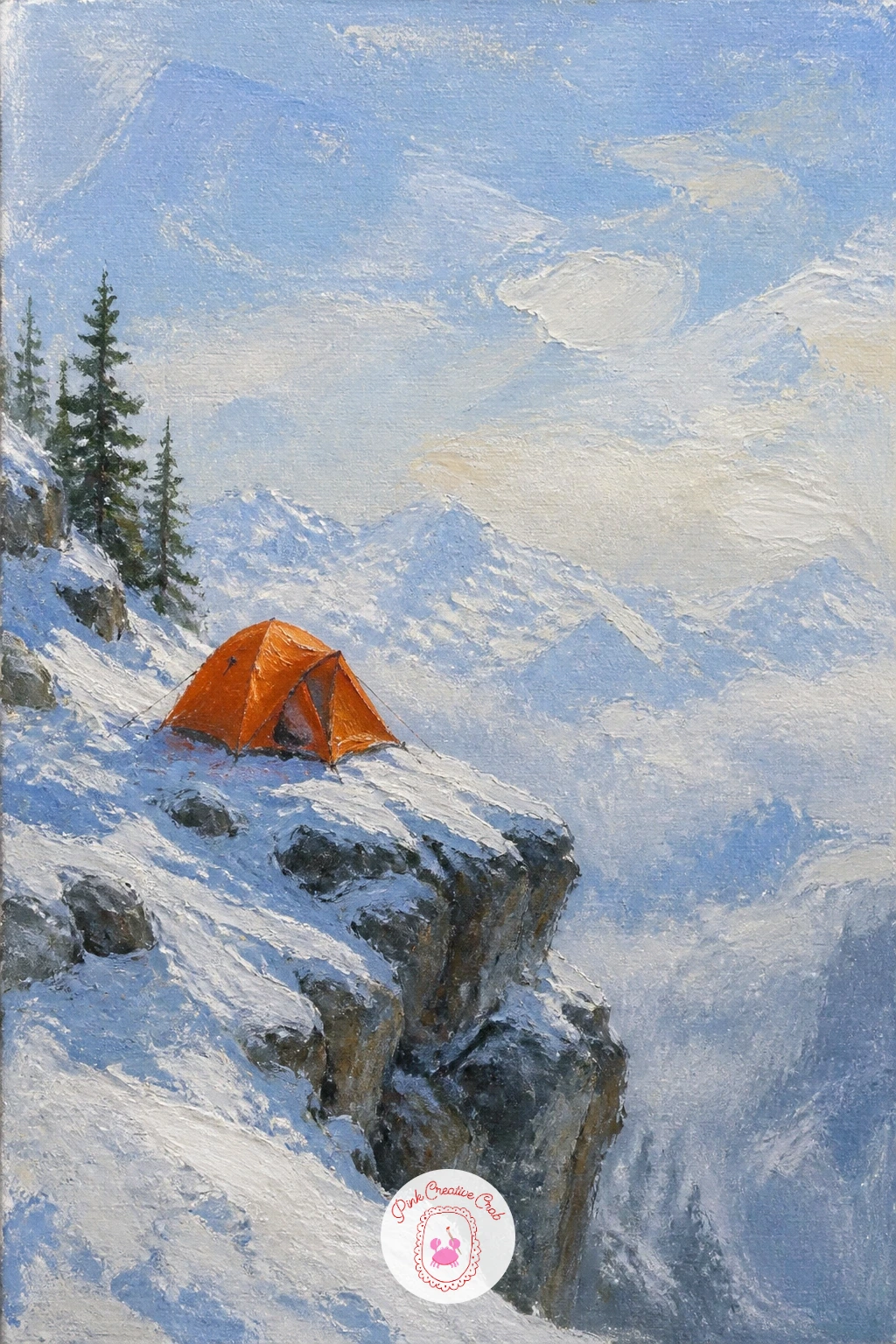 Climber's Tent on a Rock Shoulder — A small tent perched on an exposed rock shoulder gives this painting real drama with very few shapes. Mountain painting