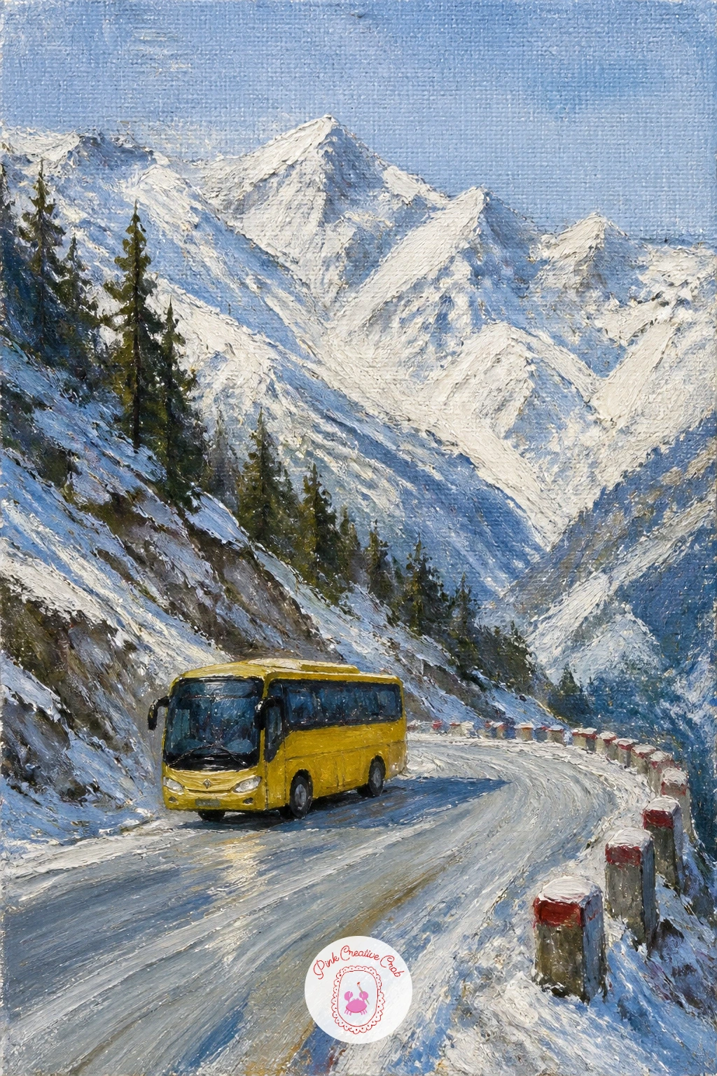 Yellow Mountain Bus on a Pass Road — A small yellow bus is one of the cheeriest details you can drop into a mountain scene, and it works well as a companion