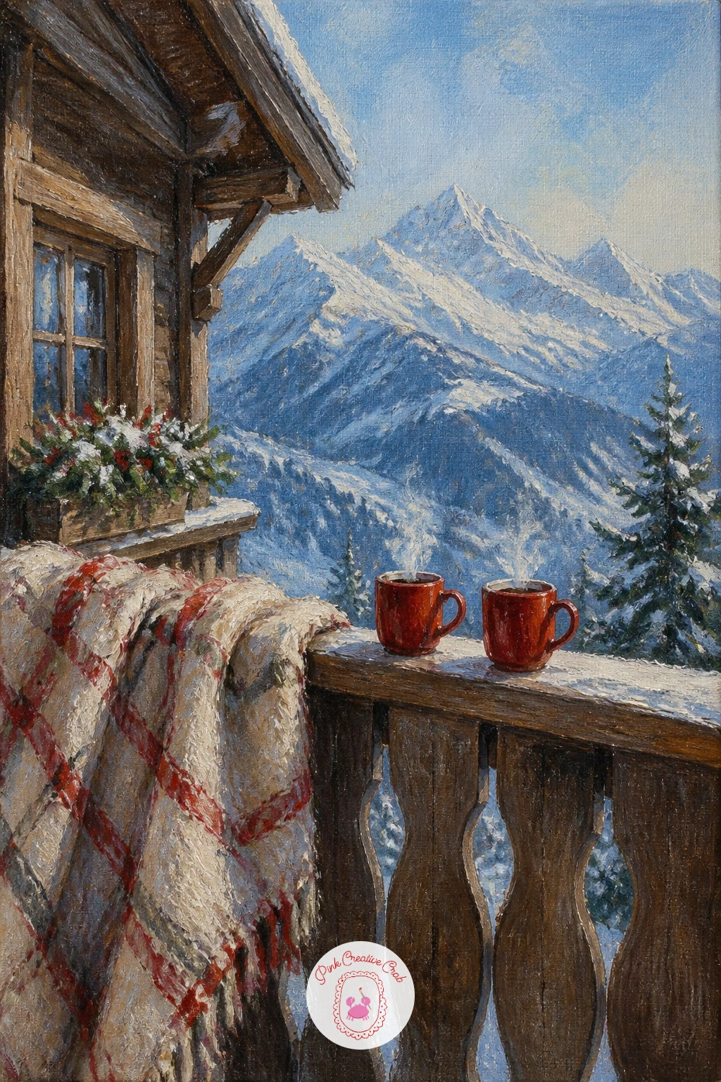 Chalet Balcony With Two Mugs — This is one of the coziest ideas on the list, built almost entirely around two small mugs and a blanket draped over a railing.