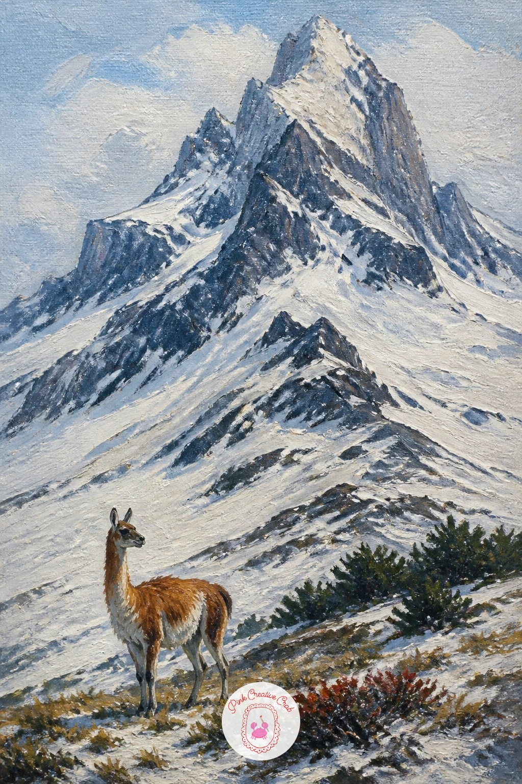 Snowy Patagonian Peak With a Guanaco — Patagonian peaks have a distinct jagged, almost granite-spire look that sets them apart from the rounder Alpine summits