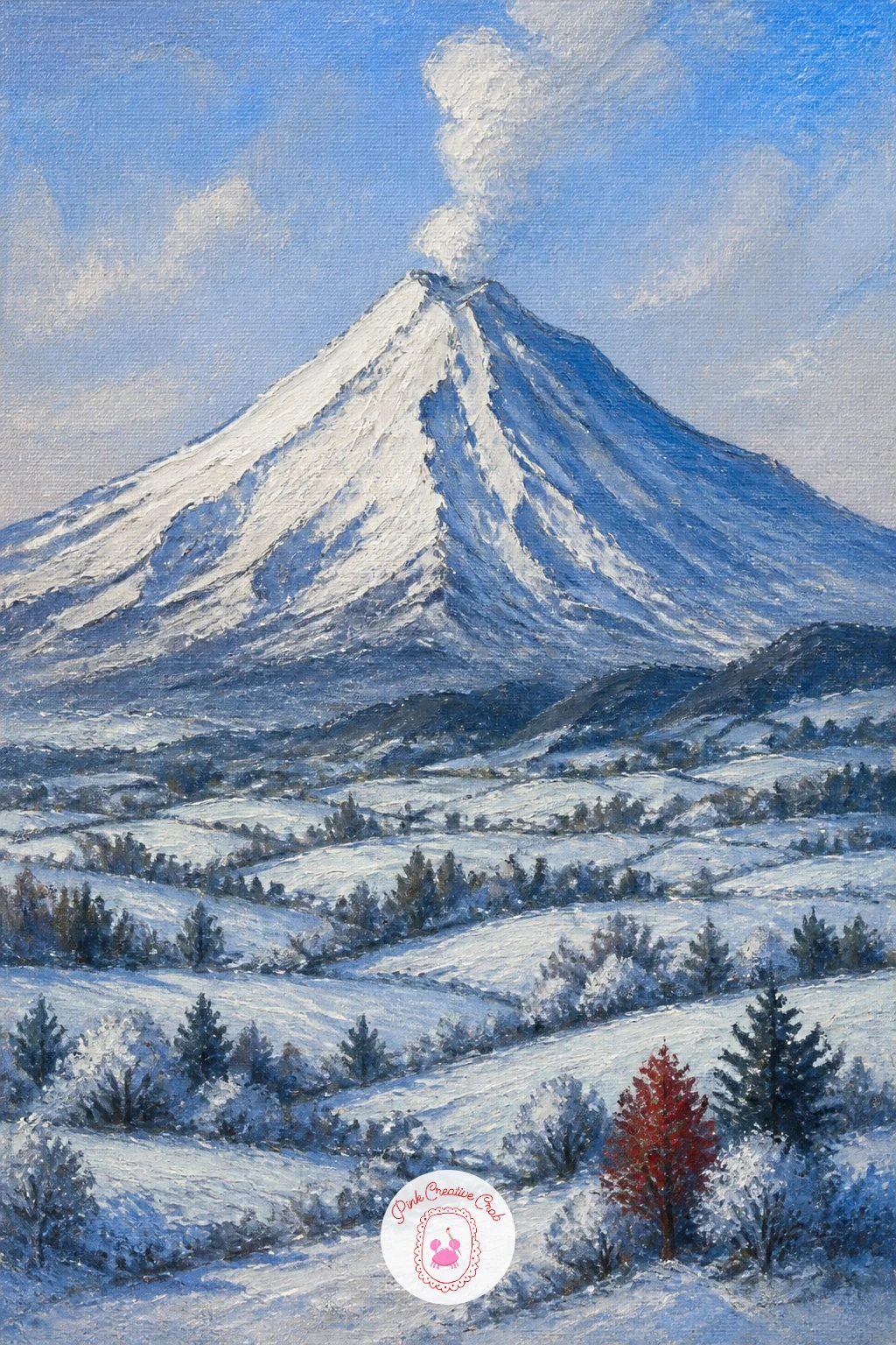 Snowy Volcano Above Frosty Fields — A volcano gives you one of the cleanest cone shapes in all of landscape painting, so take your time getting that silhouette