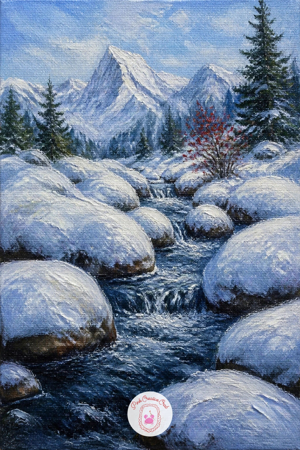 Mountain Stream With Cushion Boulders — Boulders capped in snow often look almost soft, like pillows scattered through a stream bed, which is a nice textural