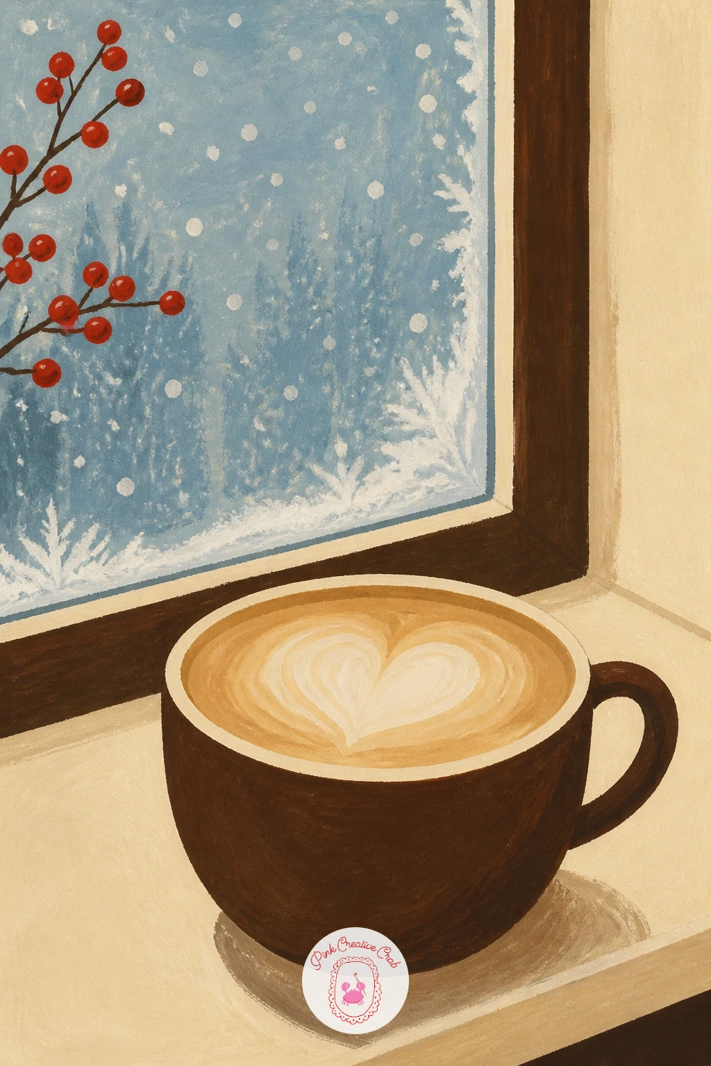 Latte With Heart Foam at a Window Seat — Start the whole series with the simplest cup in the set: a latte with heart foam art, sitting on a cafe window seat