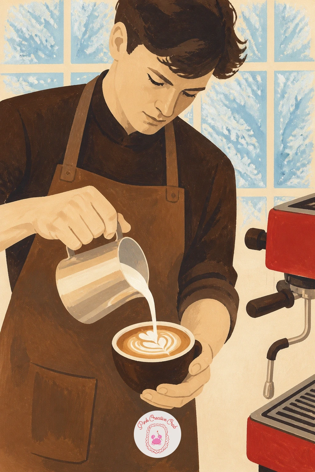 Barista Pouring Steamed Milk — Move from the window seat to behind the counter, where a barista pours steamed milk into a cup against frosted glass. Coffee