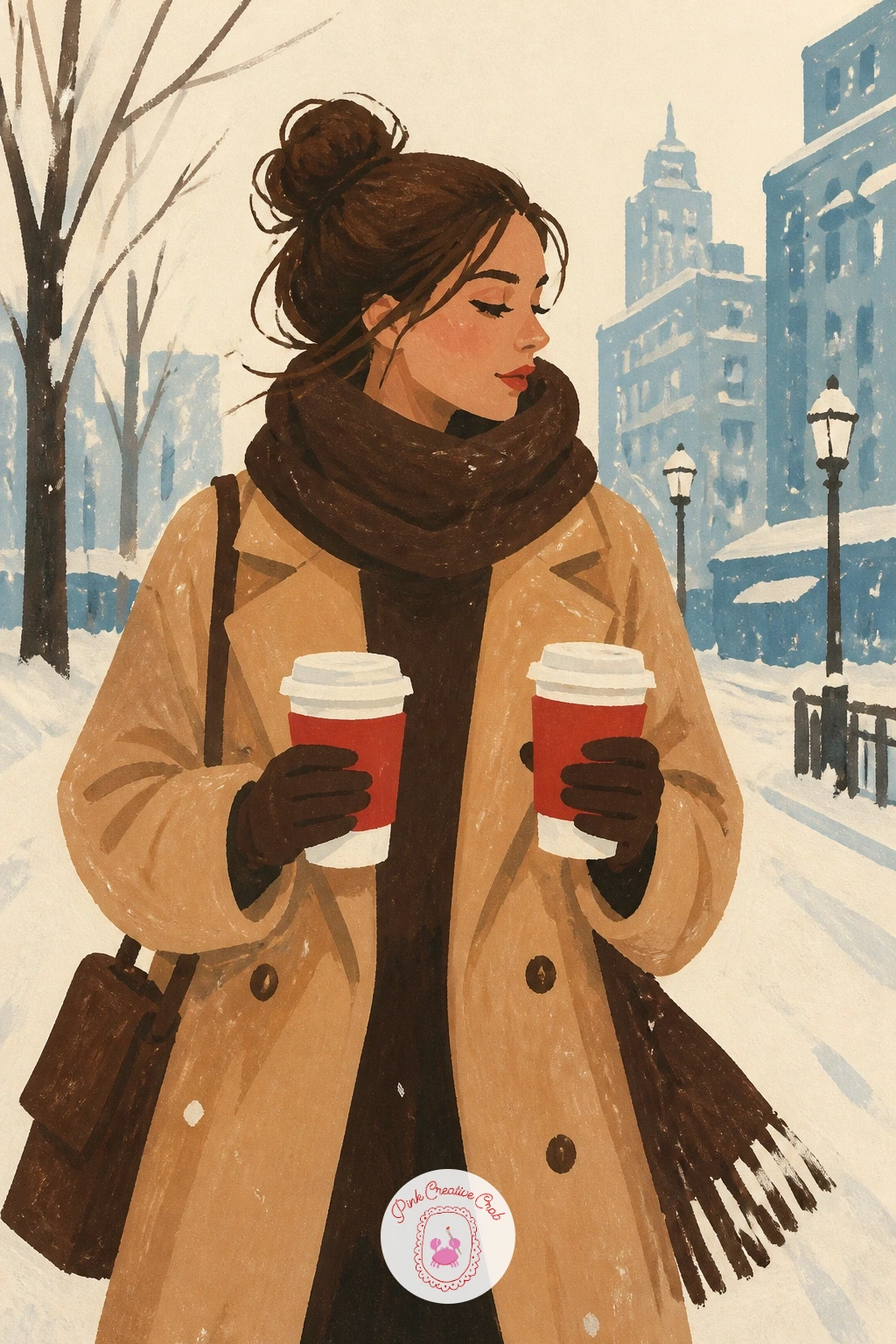 Woman Carrying Two Coffees in the Snow — Give the series its first full outdoor figure: a woman in a camel coat walking down a snowy street with two coffees