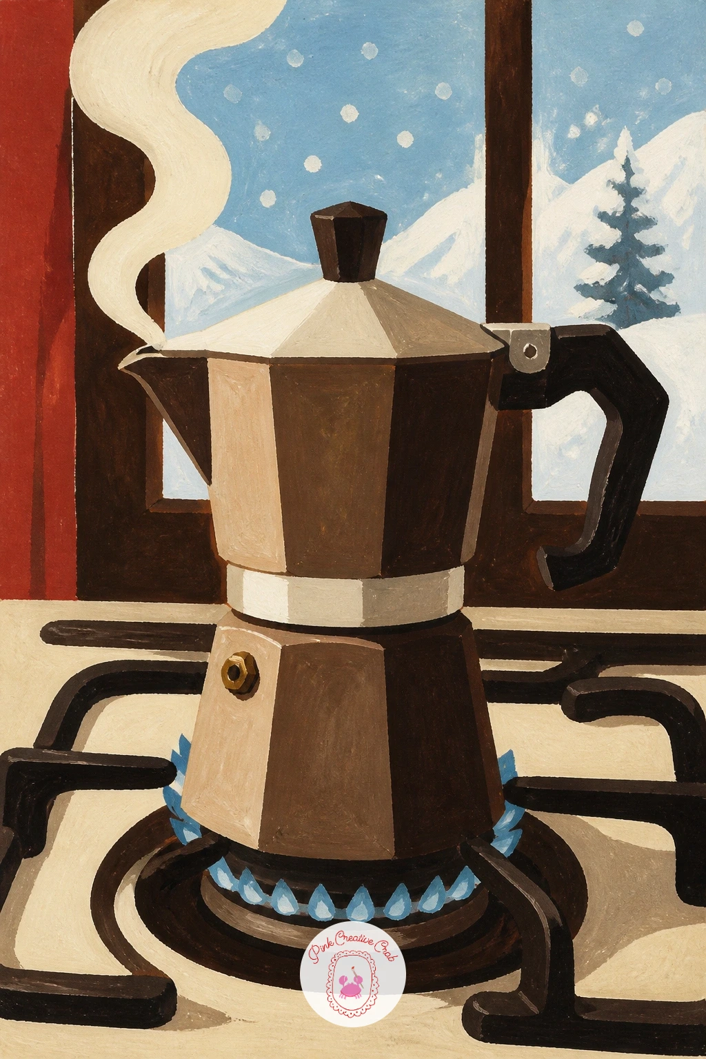 Moka Pot on a Gas Stove — Bring the scene indoors to a snowy morning kitchen, where a moka pot bubbles on a gas stove. Coffee illustration