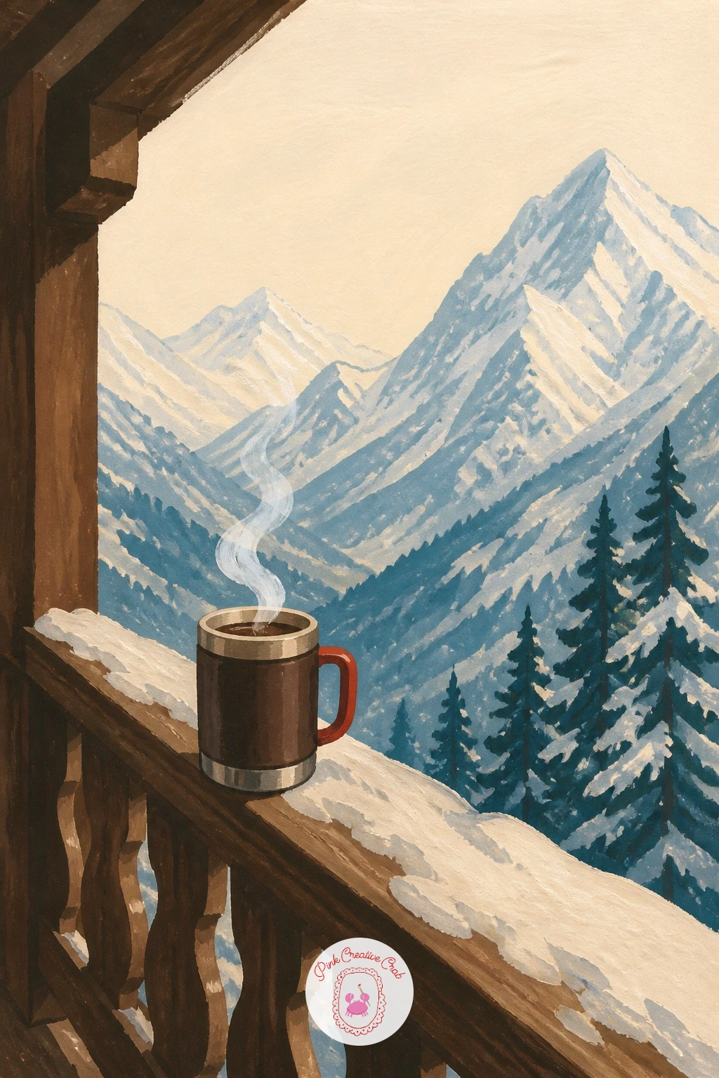 Thermos Coffee on a Ski Chalet Balcony — Climb up into the mountains now with a thermos cup of coffee resting on the railing of a ski chalet balcony. Coffee