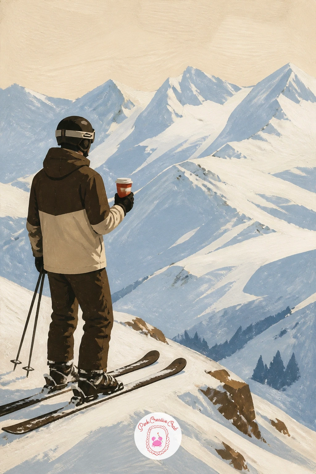 Skier Holding Coffee at the Top of a Slope — Carry the mountain mood further with a skier standing at the top of a slope, paper cup of coffee in hand, looking