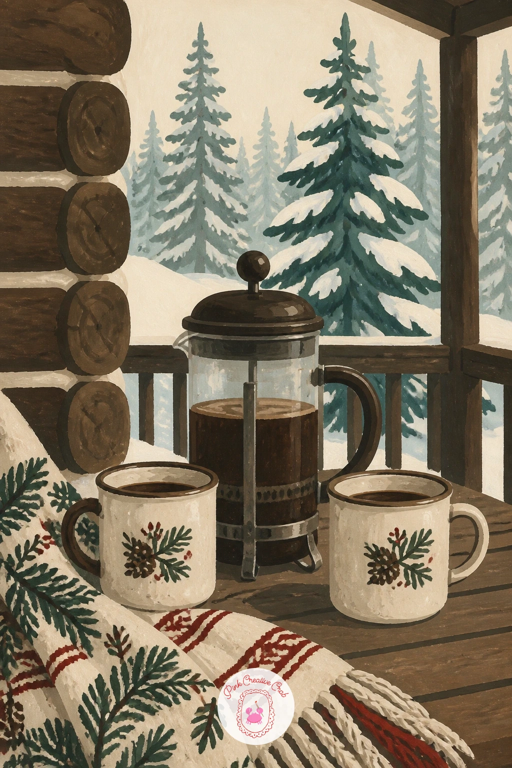French Press on a Cabin Porch — Settle onto a cabin porch next, where a French press and two mugs sit on a wooden table with snowy pines behind. Coffee