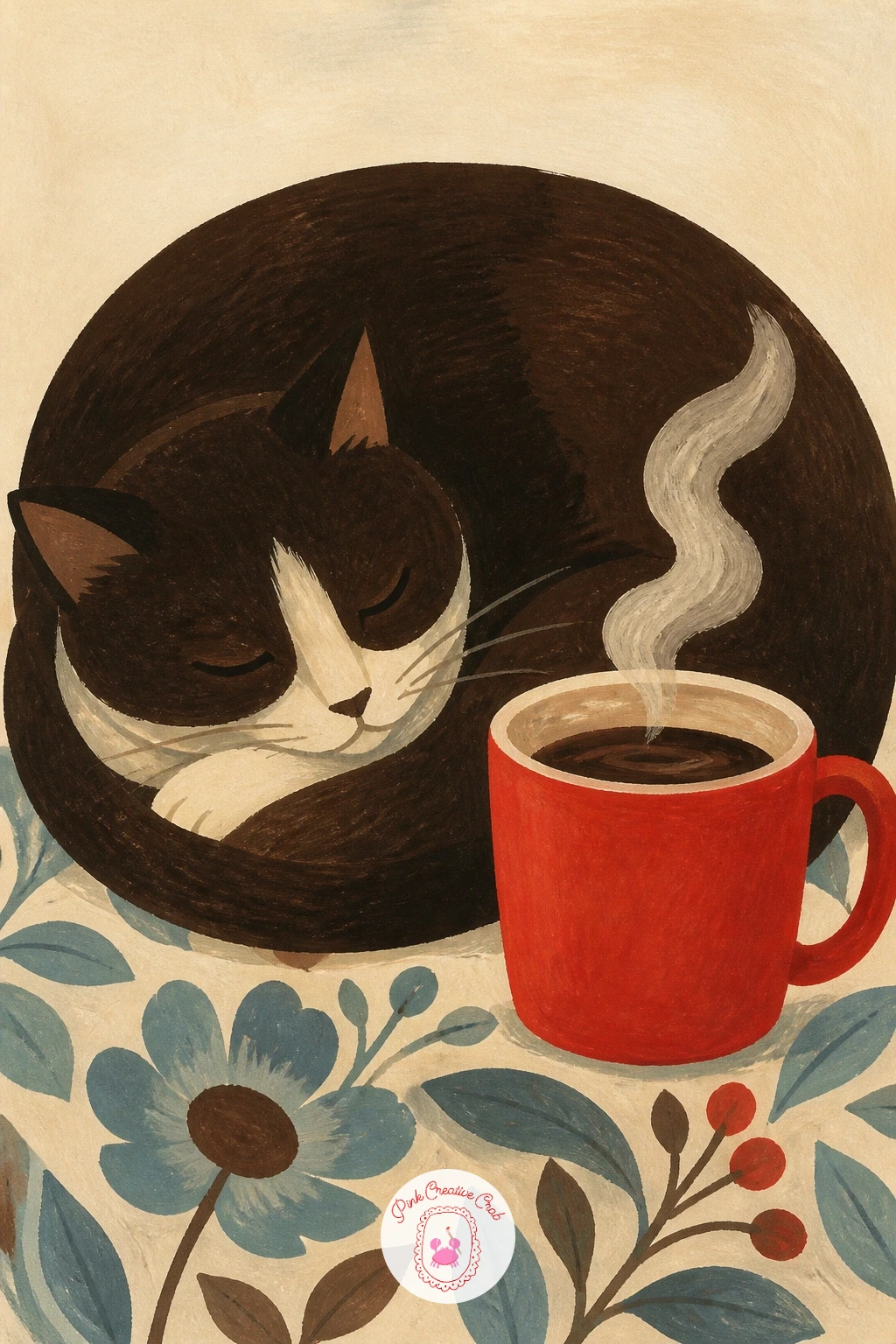 Cat Curled Beside a Steaming Mug — Bring an animal into the kitchen with a cat curled beside a steaming mug on the breakfast table. Coffee illustration