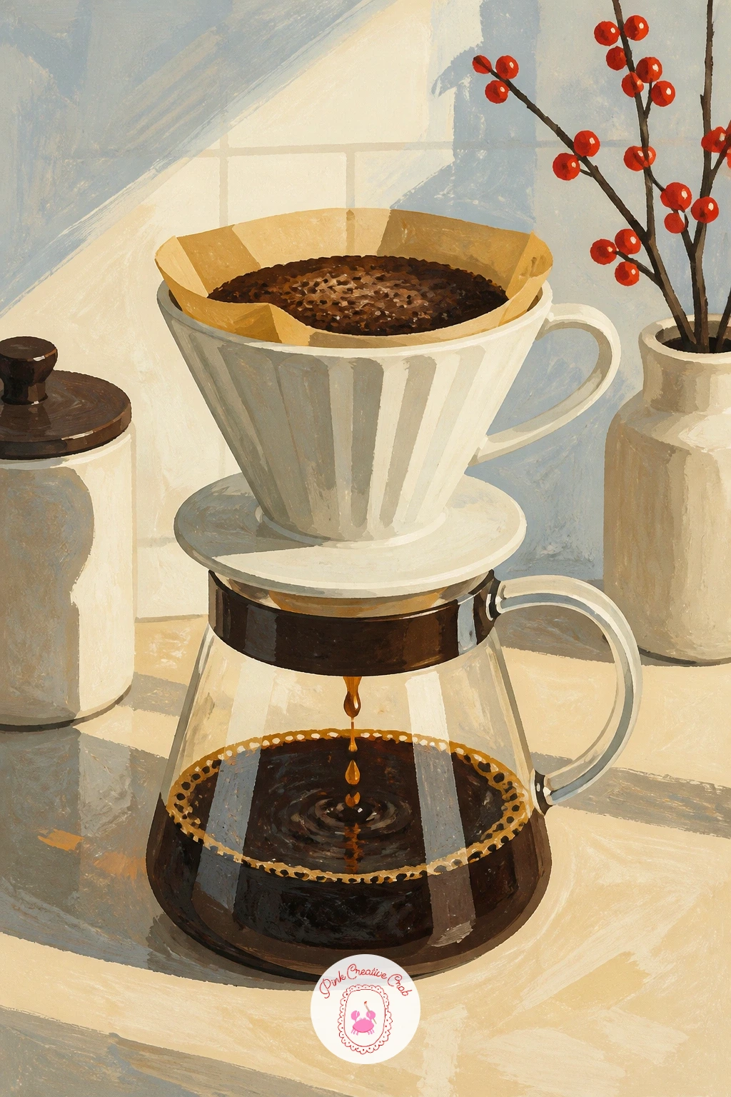 Pour-Over Dripping on a Kitchen Counter — Slow the morning down with a pour-over coffee dripping through its filter on a kitchen counter in winter light.