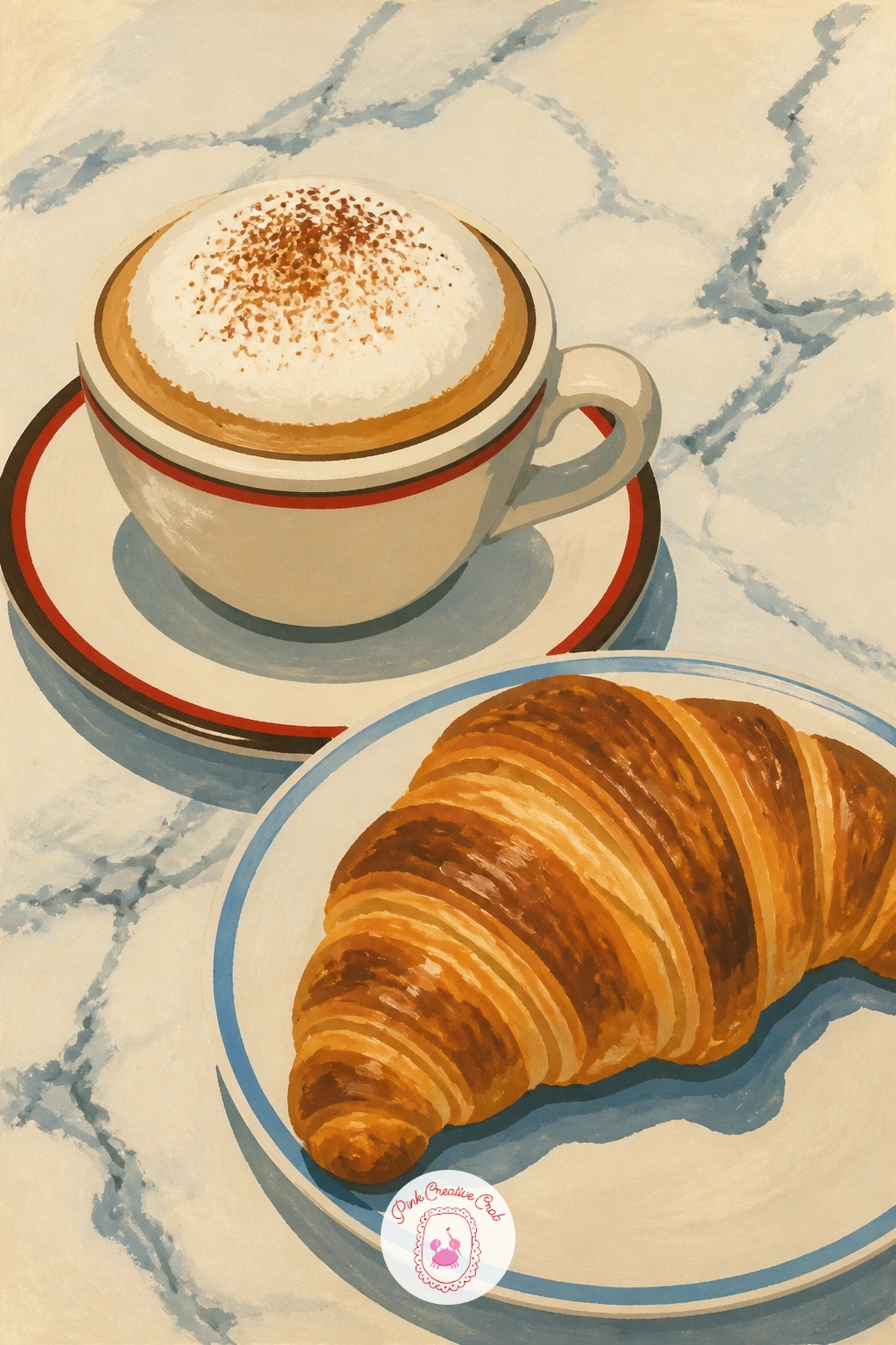 Cappuccino and Croissant on a Marble Table — Head back out to a cafe table set with a cappuccino and a croissant on pale marble. Coffee illustration