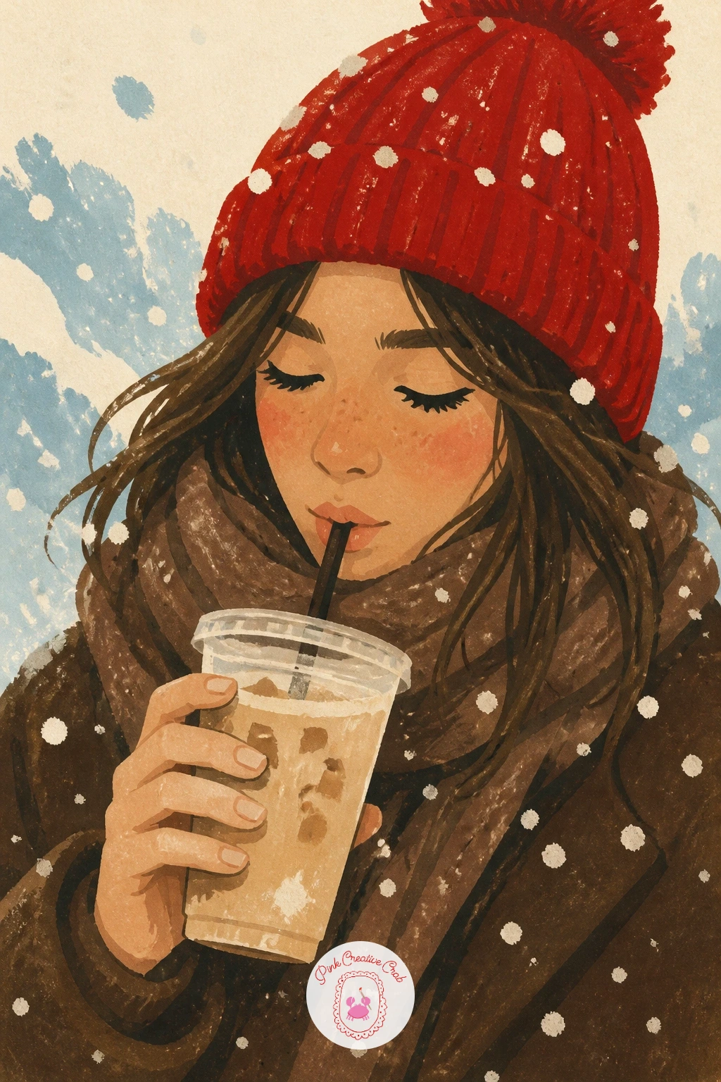 Girl Sipping an Iced Latte in the Snow — Add a playful contrast now with a girl in a beanie sipping an iced latte despite the snow falling around her. Coffee
