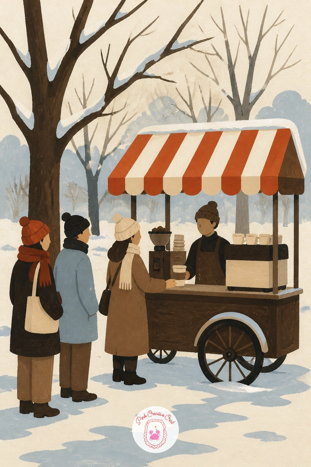 Coffee Cart in a Snowy Park — Widen the scene out to a small coffee cart in a snowy park with a short queue of people waiting. Coffee illustration