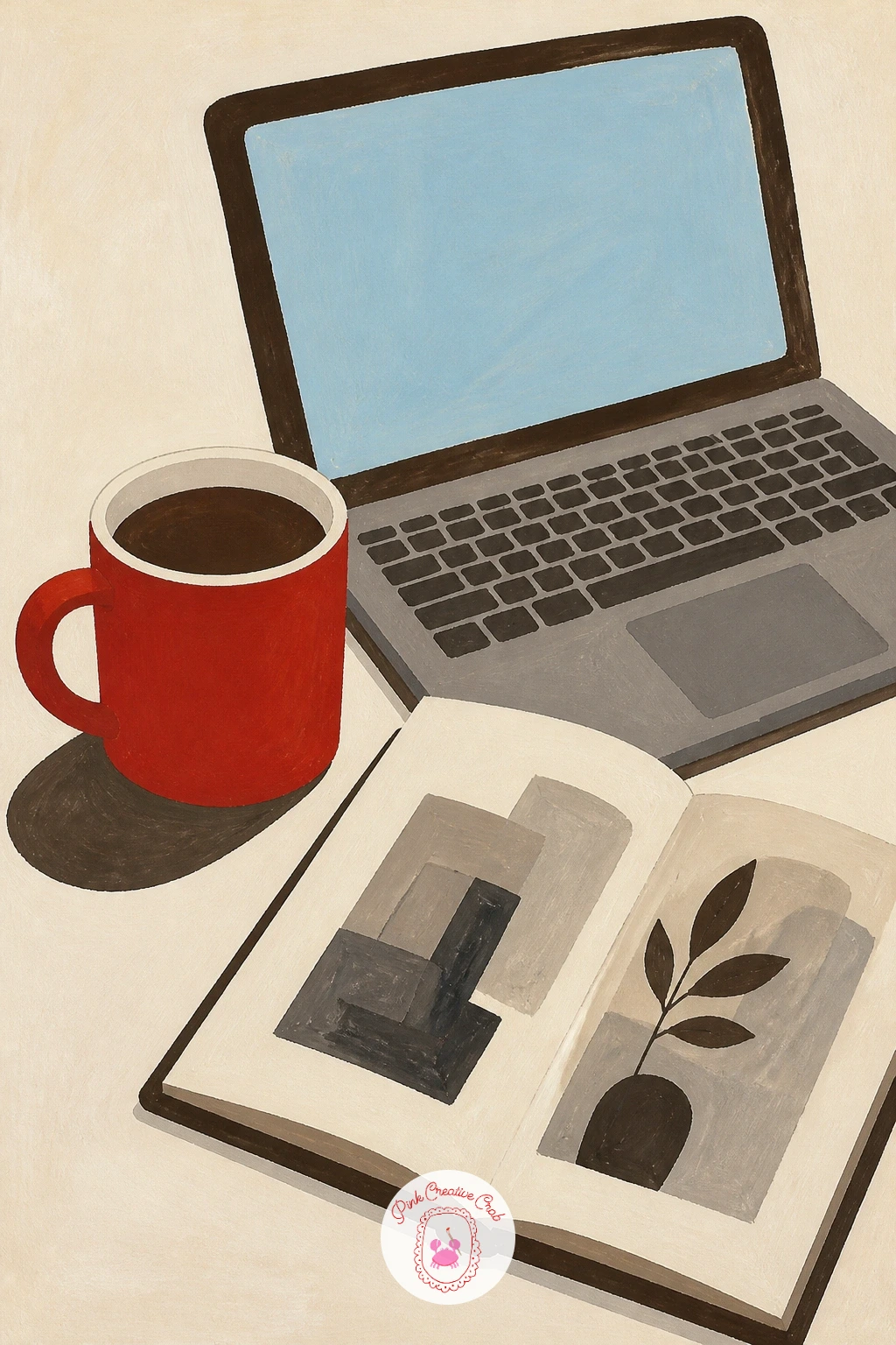 Coffee Mug Beside a Laptop and Sketchbook — Bring the scene back to a quiet desk, where a mug of coffee sits beside a laptop and an open sketchbook. Coffee