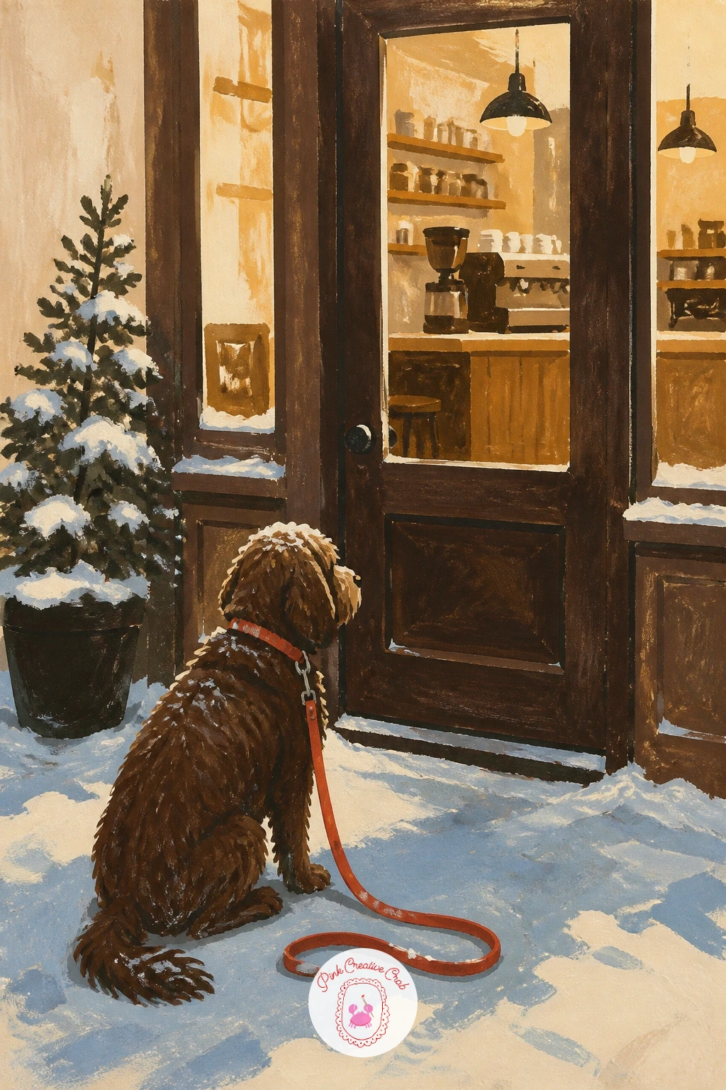 Dog Waiting Outside a Coffee Shop — Step back outside for a dog tied up and waiting patiently by a coffee shop door in the snow. Coffee illustration