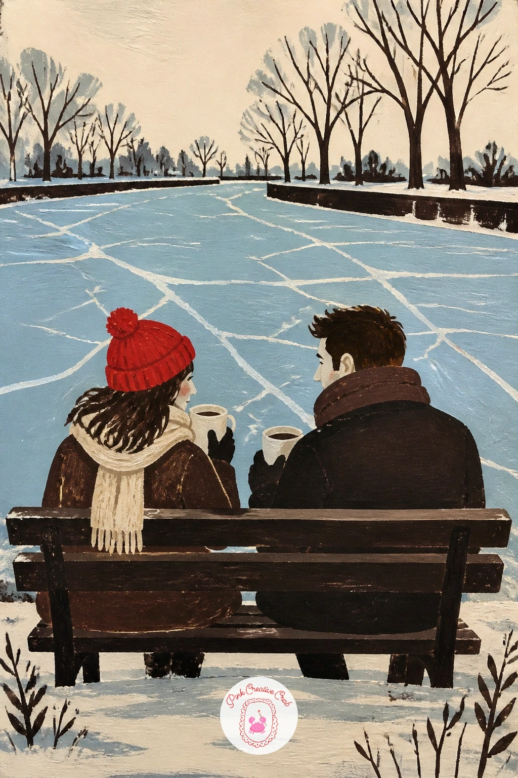 Couple Sharing Coffee by a Frozen Canal — Move the scene to a bench by a frozen canal, where a couple shares one coffee between them. Coffee illustration