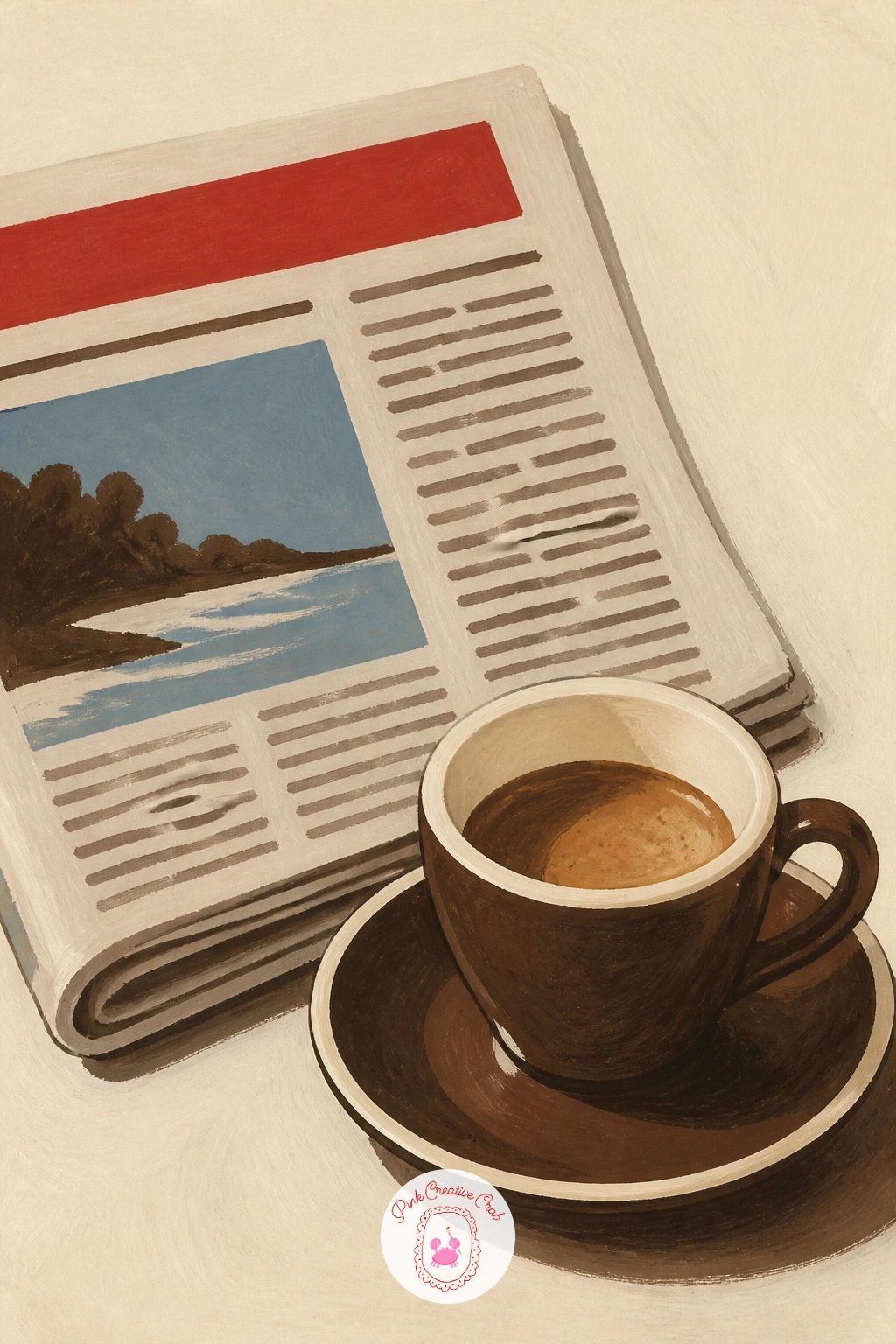 Espresso Cup Beside a Sunday Newspaper — Slow right down with a quiet still life: an espresso cup on its saucer next to a folded Sunday newspaper. Coffee