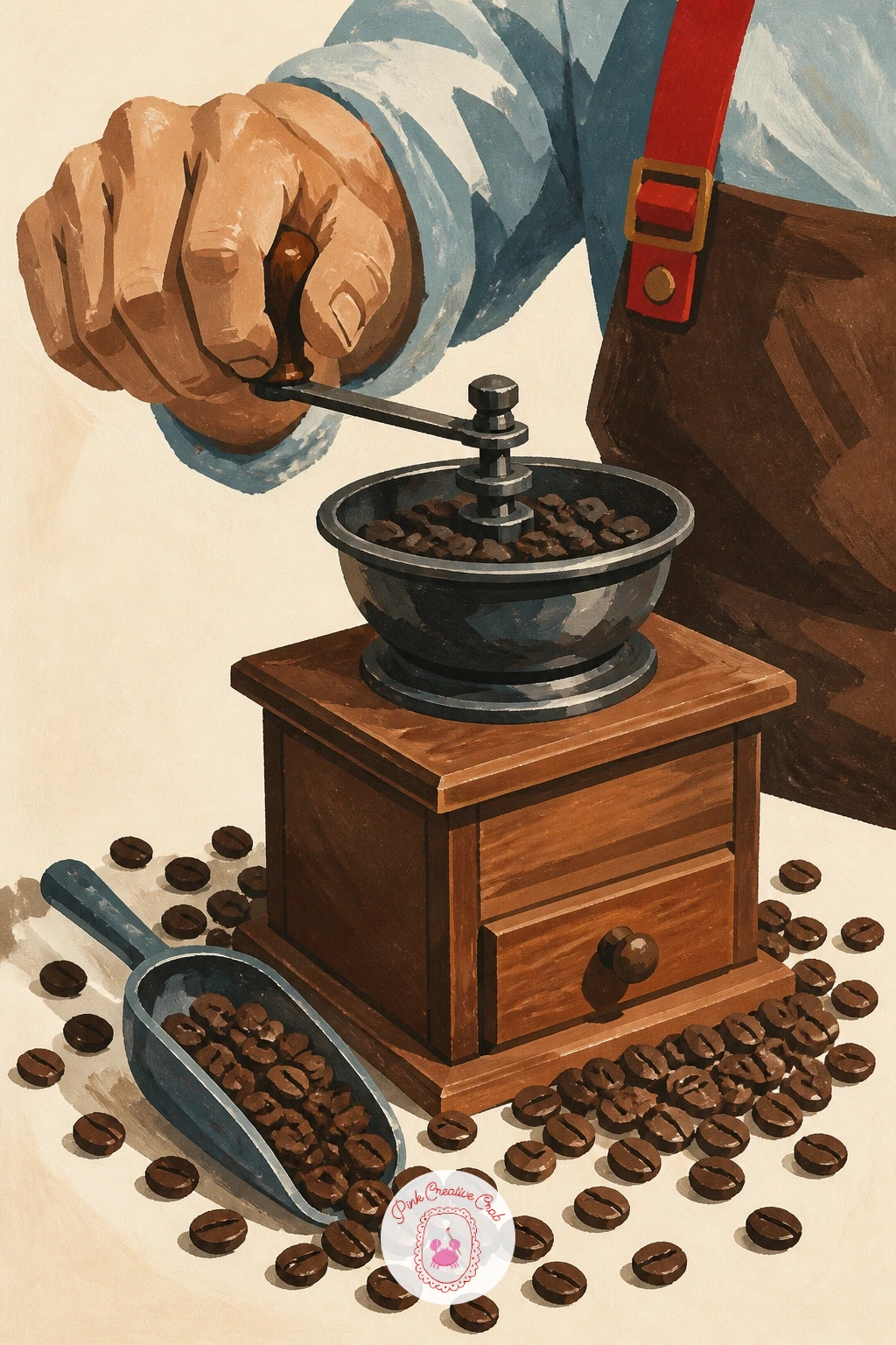 Man Grinding Coffee Beans by Hand — Return to the cabin for a man grinding coffee beans by hand at a wooden table. Coffee illustration