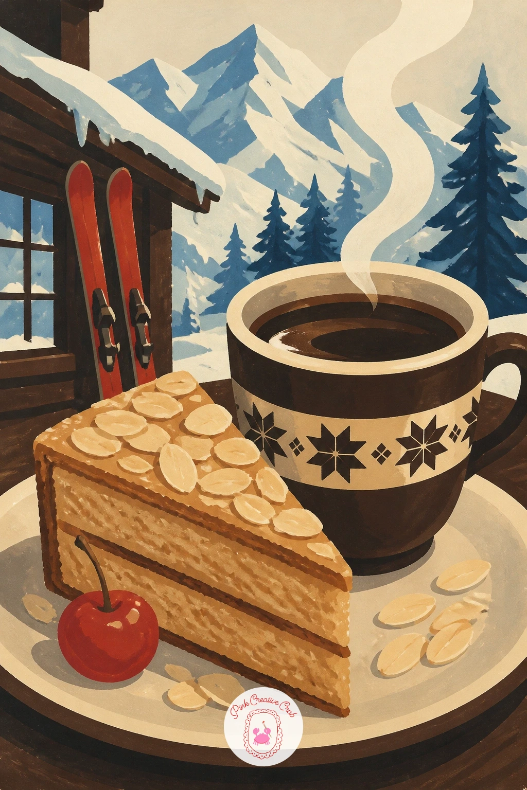 Coffee and Almond Cake at a Ski Lodge Counter — Warm up after the slopes with a coffee and a slice of almond cake on a ski lodge counter. Coffee illustration